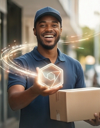 Delivery operator with glowing hexagon