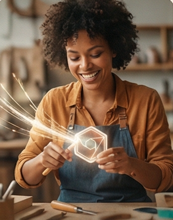 Workshop operator with glowing hexagon